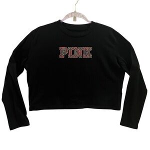 PINK VICTORIA’S SECRET, Size S, Black Long Sleeved Cropped Tee w/ Plaid Logo.